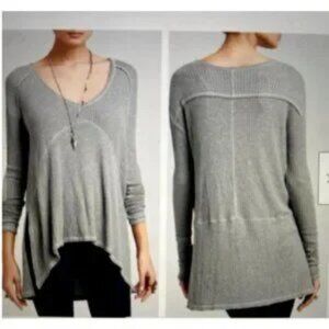 Free People Womens Sunset Park Thermal Knit Gray Oversized Distressed Top